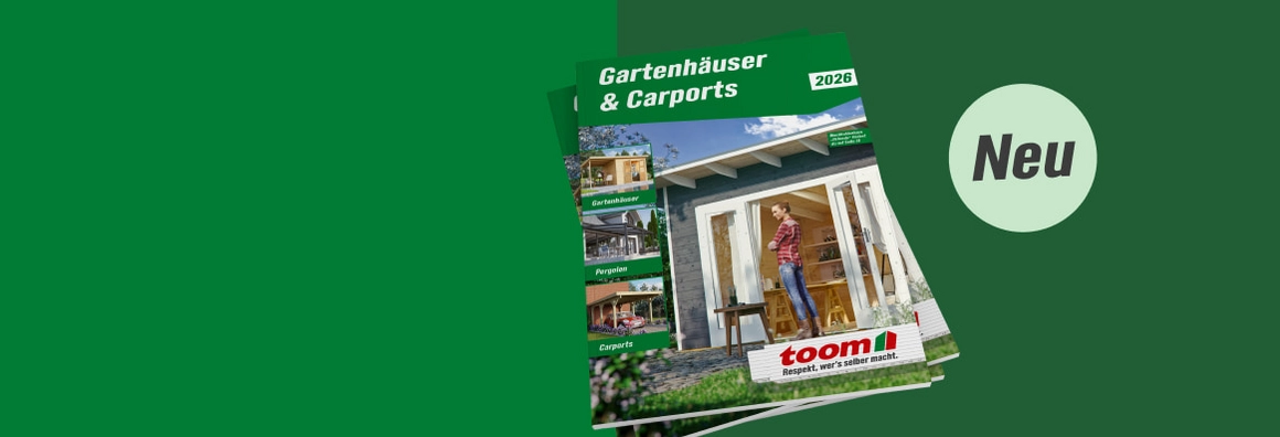 Der neue Katalog für Gartenhäuser und Carports vor grünem Hintergrund.